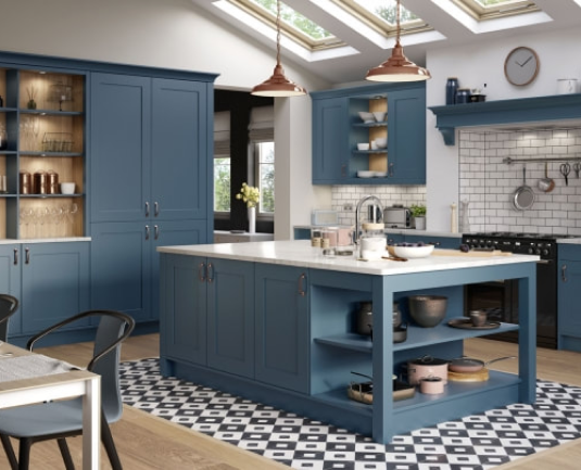 Modern kitchen with a blue island and matching cabinets, featuring a sleek contemporary design.