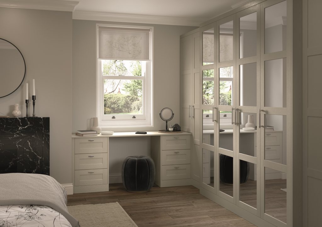 Aldana Bedroom in Stone with matching bedframe, wardrobes, and bedside furniture.