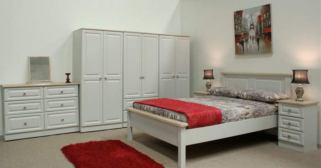Grey Nat Bard S Steel bedroom furniture with matching bedframe, wardrobes, and storage units.